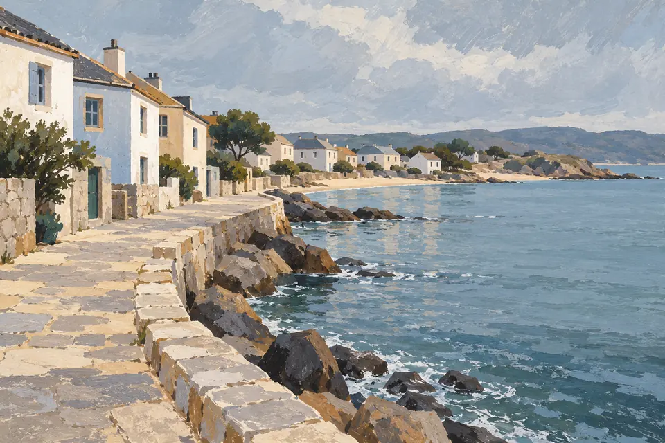 Malované pobřeží s nízkými světlými domy, kamennou cestou a modrou zátokou.