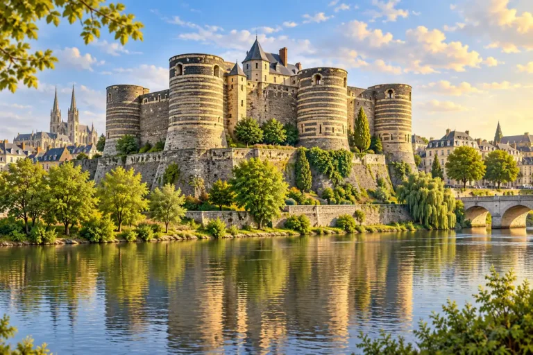 AI ilustrace: hrad s mohutnými kulatými věžemi nad řekou inspirovaný Angers.