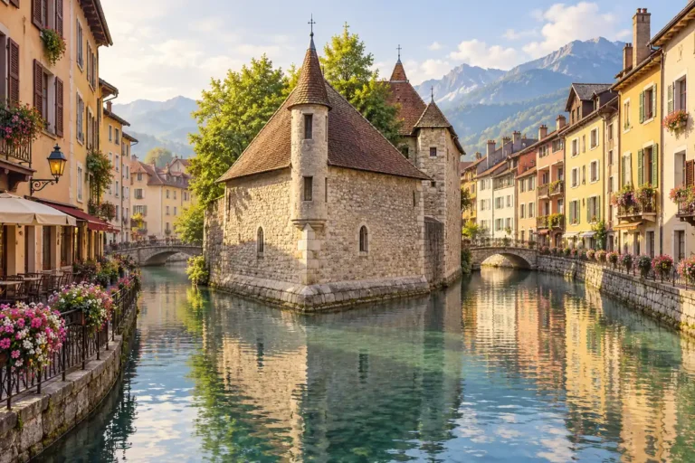 AI ilustrace: kamenný palác na ostrůvku v kanálu inspirovaný Annecy.