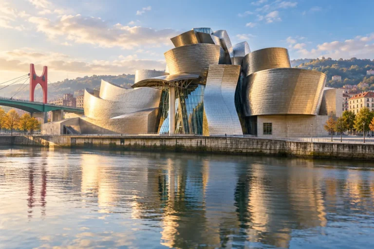 AI ilustrace: kovová muzejní architektura, řeka a most inspirované Bilbaem.