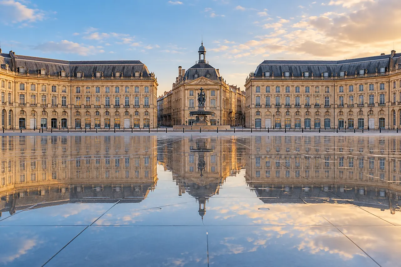 AI ilustrace: světlé kamenné fasády odrážející se ve vodní ploše inspirované Bordeaux.