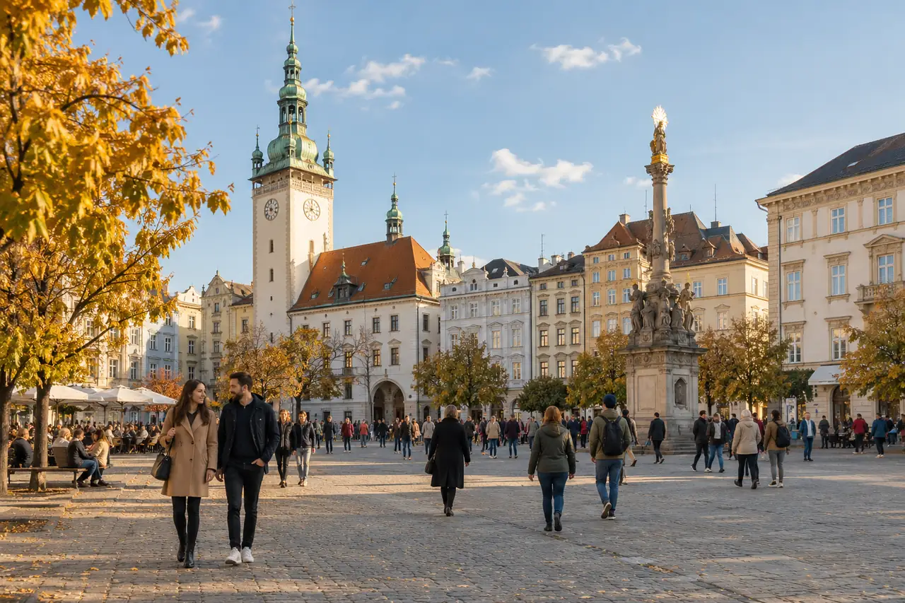 Dvojice návštěvníků na brněnském náměstí s historickou radnicí a městskými domy; ilustrační obrázek.