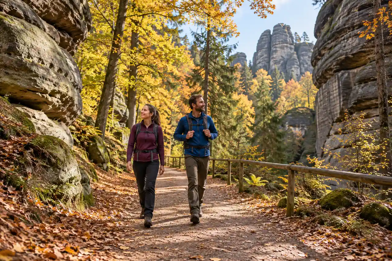 Turisté na značené lesní stezce mezi pískovcovými skalami bez známé památky; ilustrační obrázek.