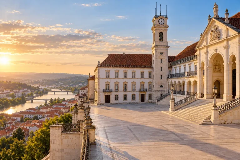 AI ilustrace: univerzitní nádvoří, věž a městské panorama inspirované Coimbrou.