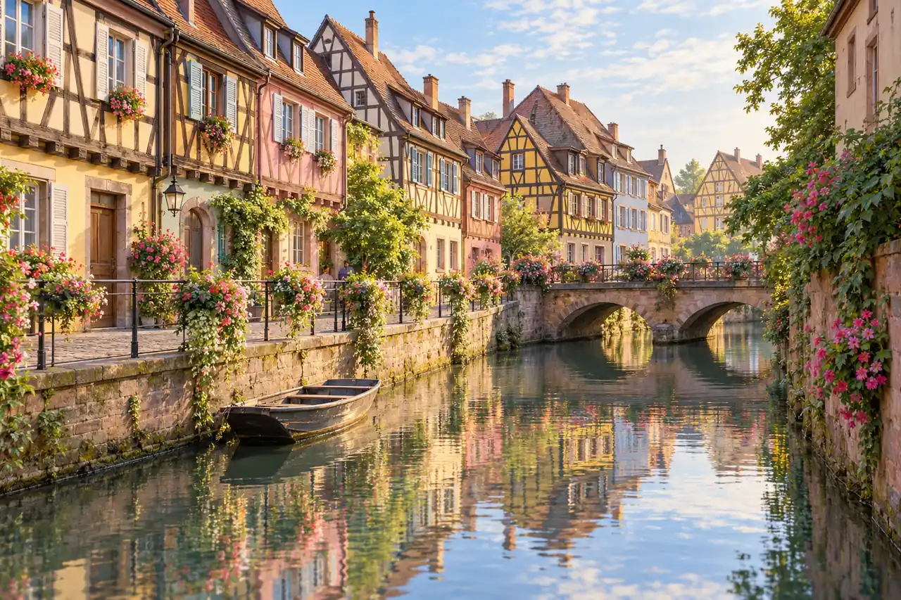 AI ilustrace: hrázděné domy a kanál inspirované Colmarem.