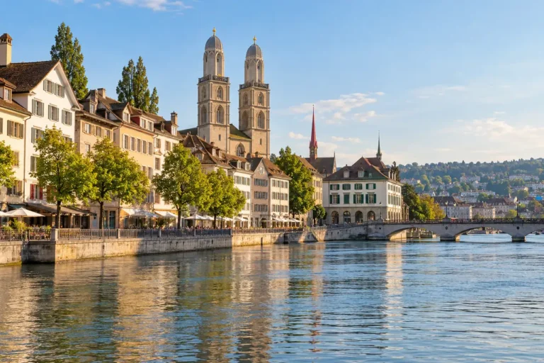 AI ilustrace: Limmat s historickými domy a dvojicí kostelních věží inspirovaný Curychem.