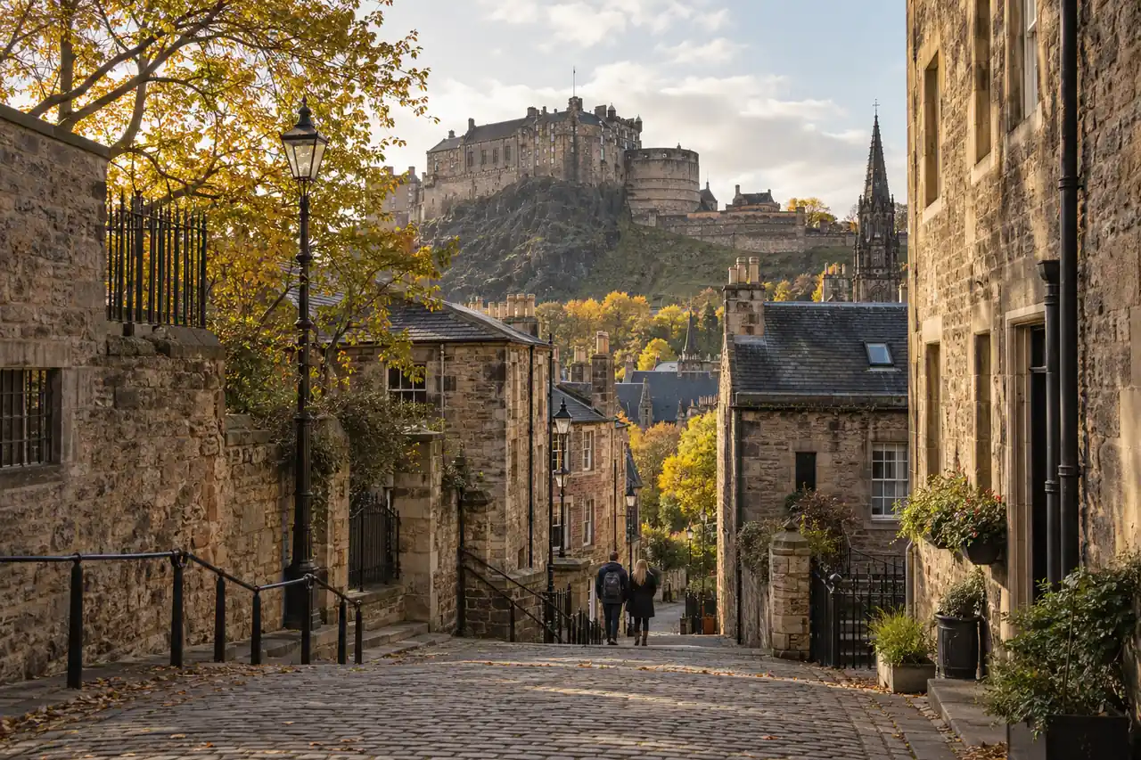 Návštěvníci procházejí charakteristickou ulicí města Edinburgh; ilustrační obrázek.