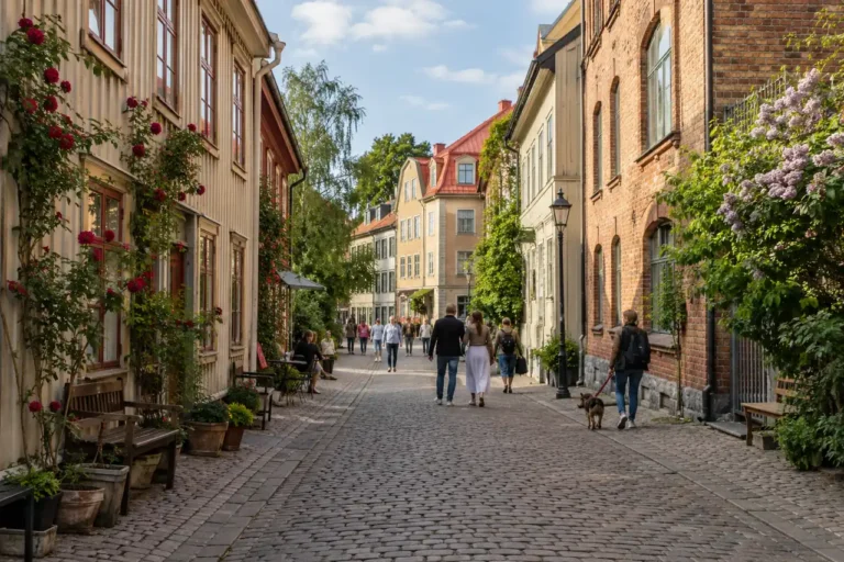 AI ilustrace: historická pěší ulice inspirovaná göteborskou Hagou.