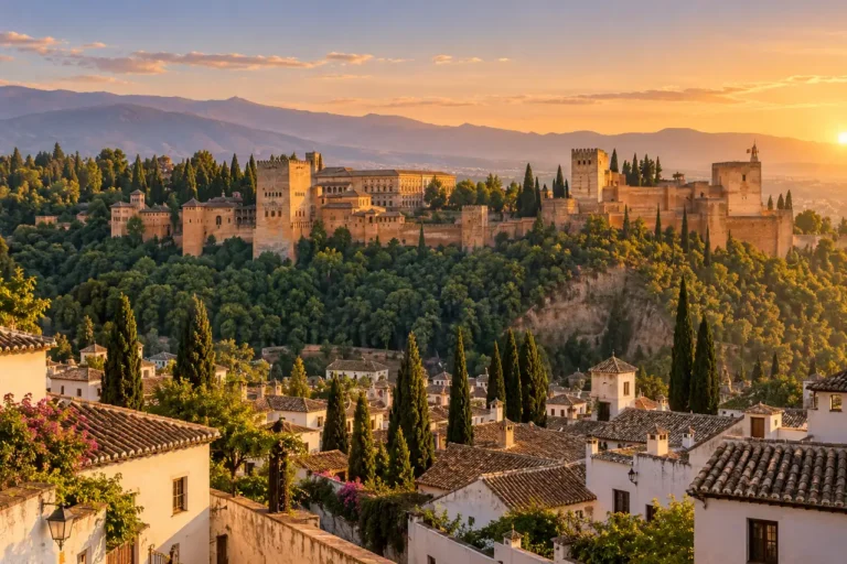 AI ilustrace: pevnost a zahradní panorama inspirované Alhambrou v Granadě.