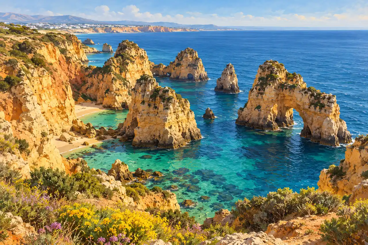 AI ilustrace: zlatavé pobřežní skály nad modrým oceánem inspirované Ponta da Piedade u Lagosu.