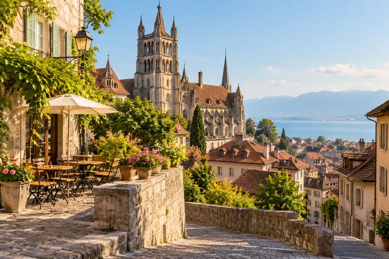 AI ilustrace: katedrála nad historickými ulicemi s jezerní krajinou inspirovaná Lausanne.