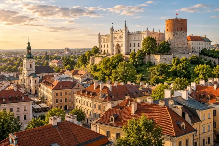 AI ilustrace: historické město s bílým hradem a válcovou věží inspirované Lublinem.