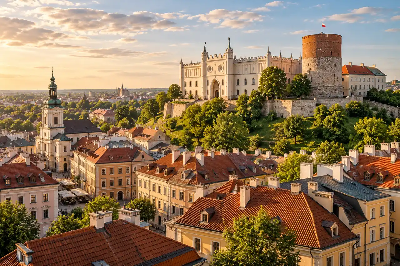 AI ilustrace: historické město s bílým hradem a válcovou věží inspirované Lublinem.