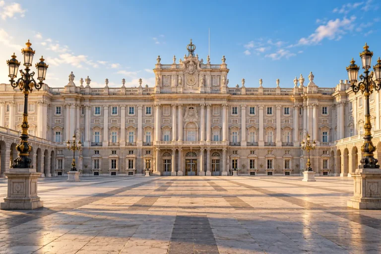 AI ilustrace: náměstí a průčelí královského paláce inspirované Madridem.