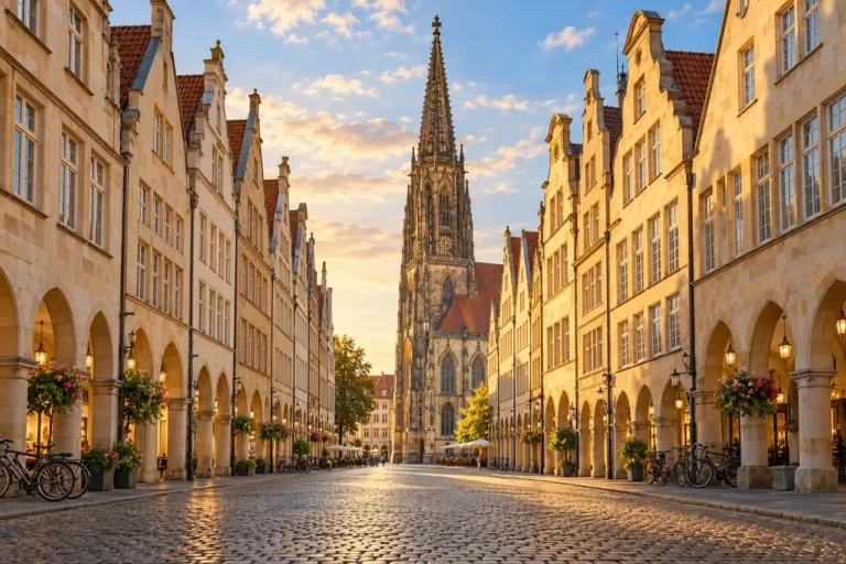 AI ilustrace: štítové domy s podloubím a kostelní věží inspirované münsterským Prinzipalmarktem.