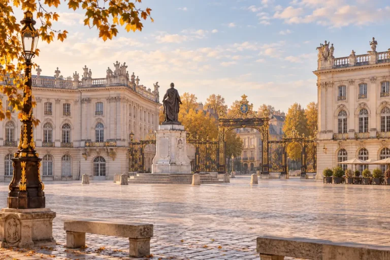 AI ilustrace: náměstí s pozlacenými branami inspirované Place Stanislas v Nancy.