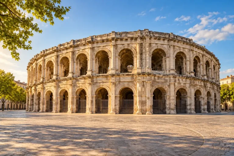 AI ilustrace: římský amfiteátr se dvěma řadami kamenných arkád inspirovaný Nîmes.