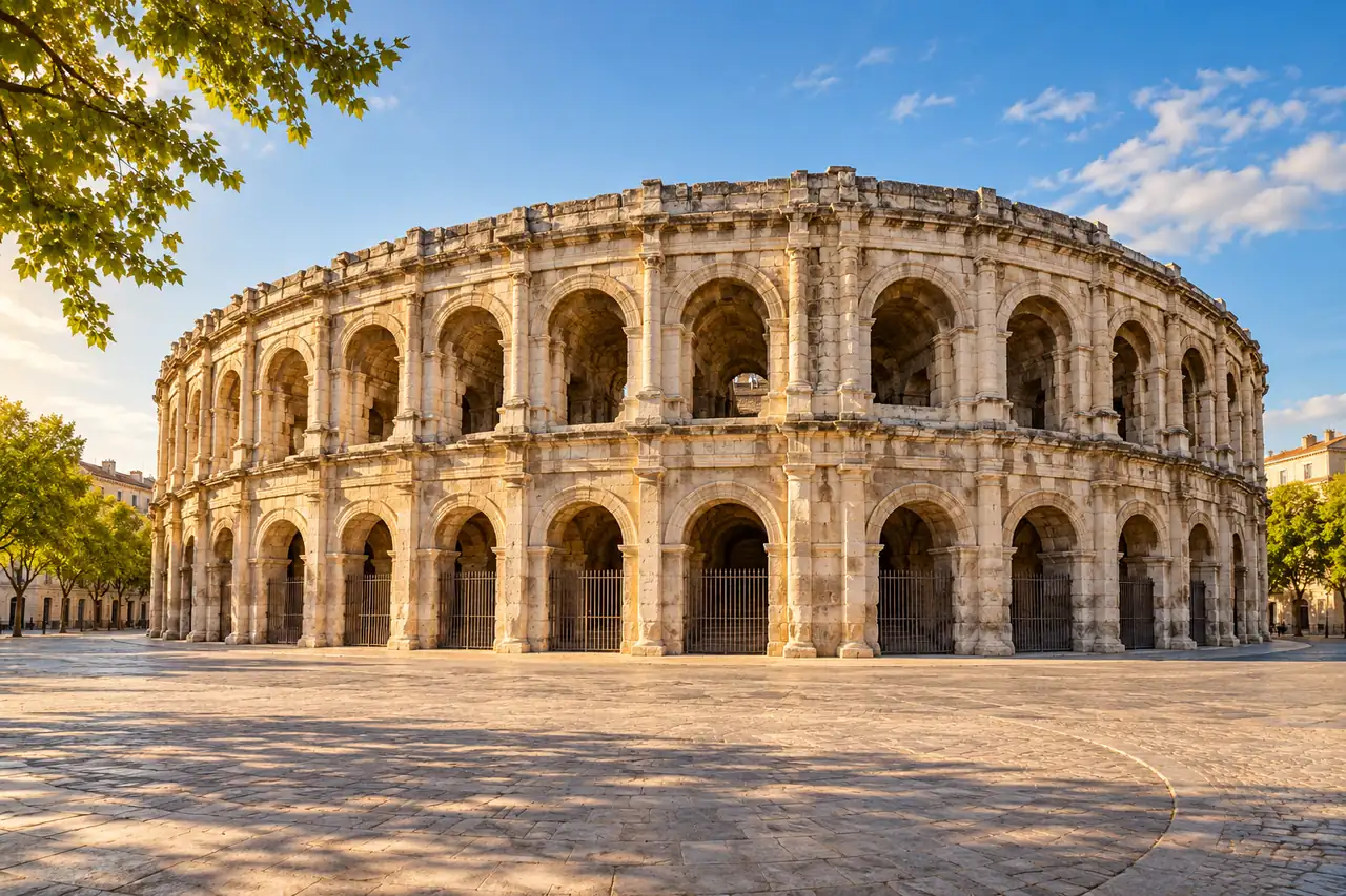 AI ilustrace: římský amfiteátr se dvěma řadami kamenných arkád inspirovaný Nîmes.
