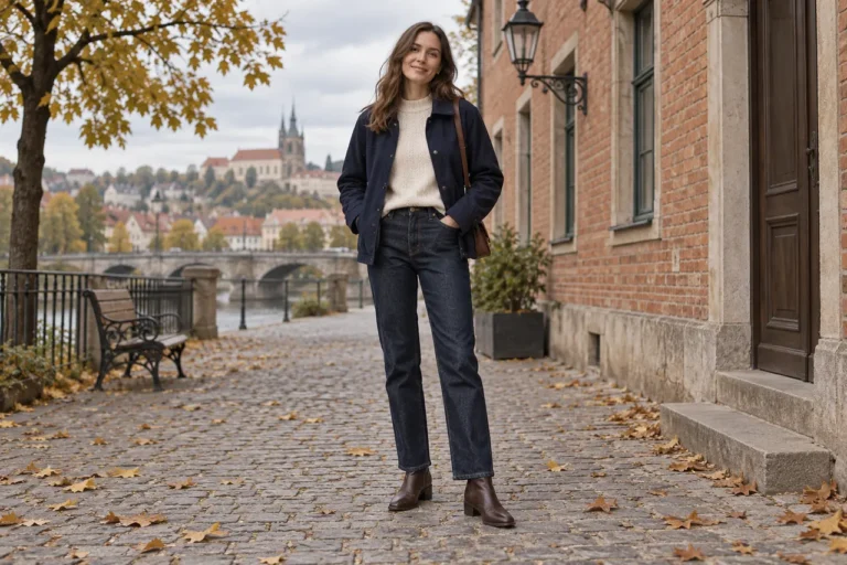 Žena v rovných indigových džínách, hnědých kotníkových botách, krémovém svetru a tmavomodré bundě.
