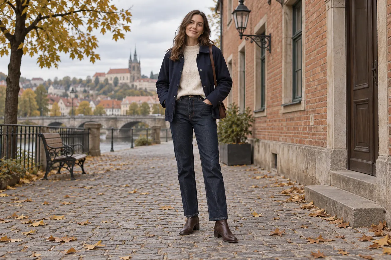 Žena v rovných indigových džínách, hnědých kotníkových botách, krémovém svetru a tmavomodré bundě.