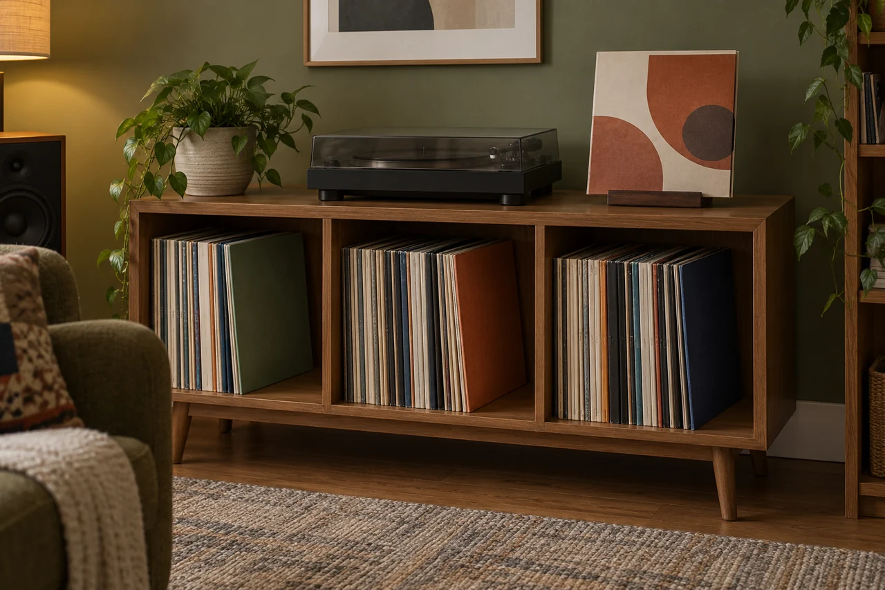 Vinylová alba uložená svisle v členěné dubové skříňce s gramofonem a jedním vystaveným obalem.