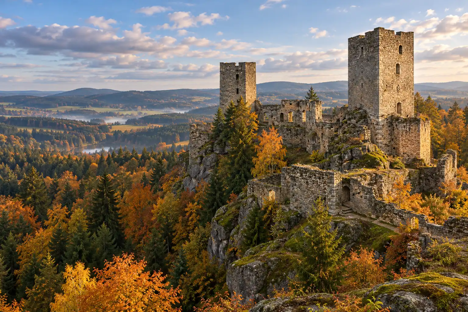 Ilustrační pohled na kamenný hrad Landštejn nad lesnatou krajinou