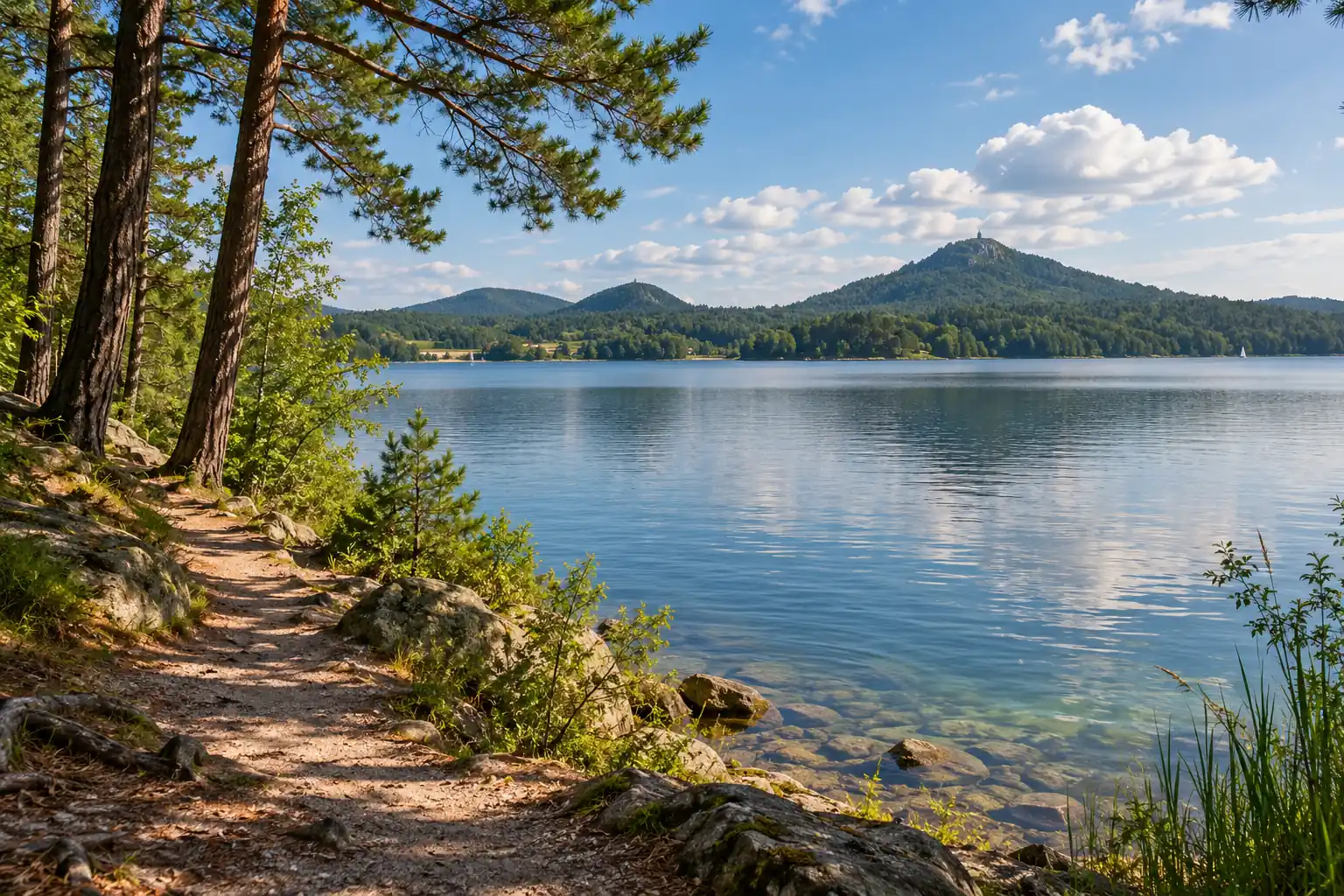 Ilustrační pohled na Máchovo jezero a lesnatý břeh