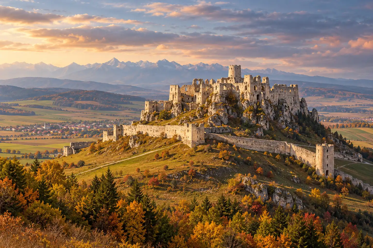 Ilustrační pohled na rozsáhlý kamenný Spišský hrad nad krajinou