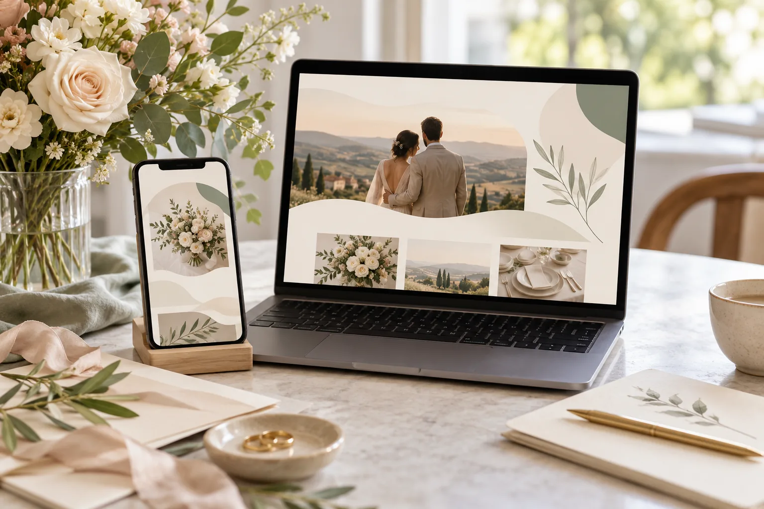 Notebook a telefon s ukázkou vizuální podoby svatebního webu bez textu