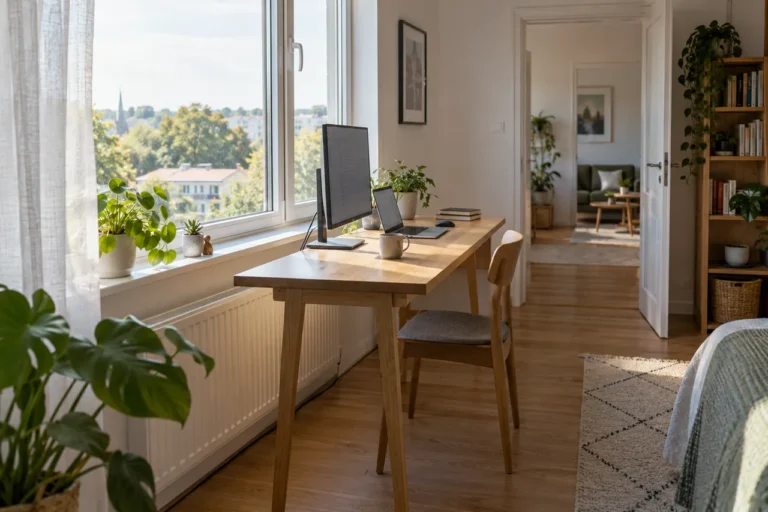 Pracovní stůl postavený bokem k oknu, monitor, notebook a světlý závěs.