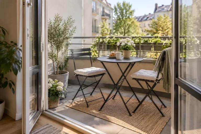 Malý balkon se dvěma kompaktními židlemi, stolkem a volným vstupem.