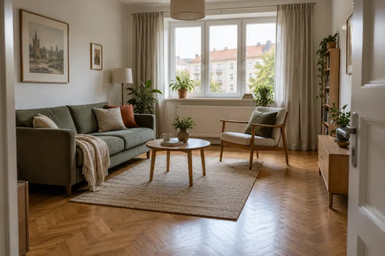Malý obývací pokoj s kompaktní pohovkou a volným průchodem kolem ní.