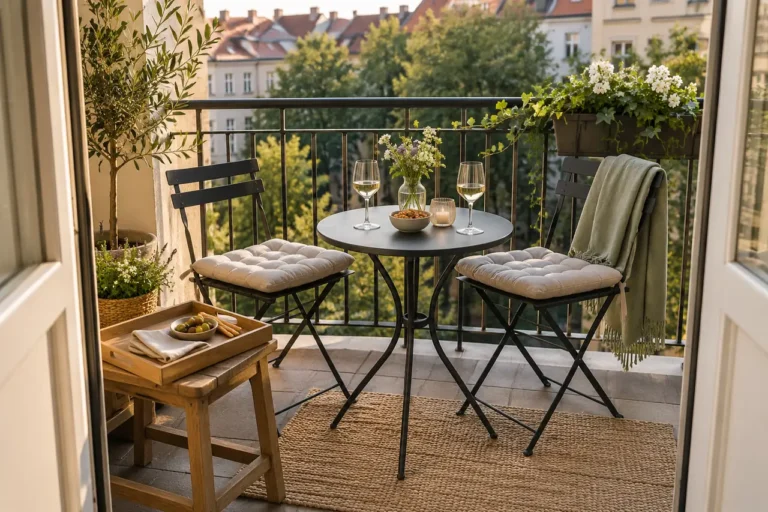 Dvě židle a malý kulatý stolek na balkoně s podnosem na nízké odkládací stoličce.
