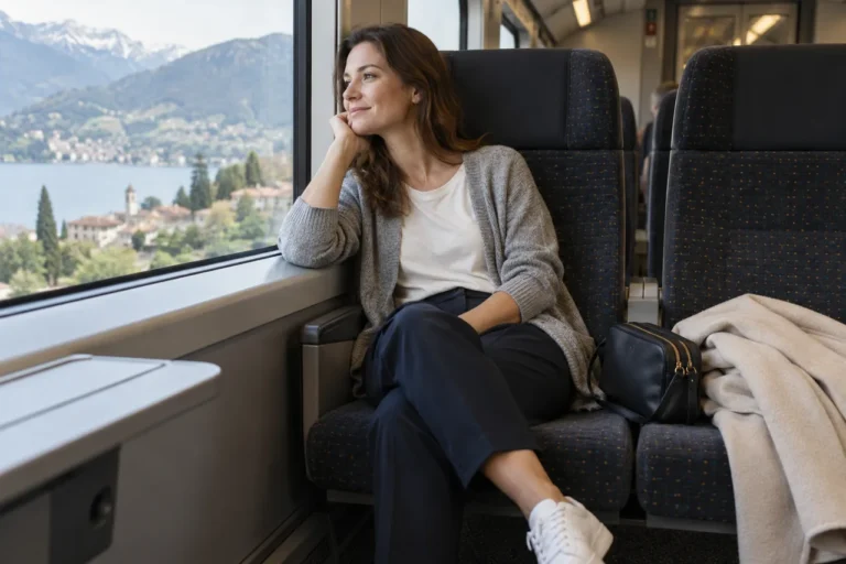 Žena sedí u okna vlaku v šedém kardiganu, světlém tričku a tmavých kalhotách; vedle má malou tašku a složený kabát.