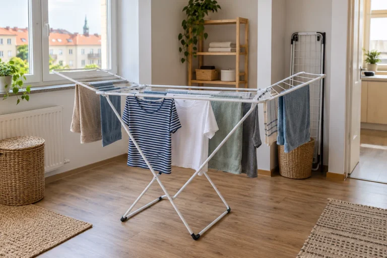 Otevřený křídlový sušák s košilemi a ručníky v malé světlé místnosti.