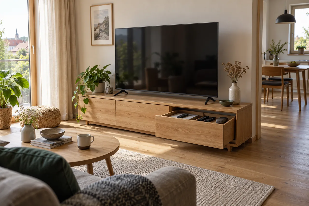Televize na dvou nohách na nízkém dřevěném stolku s otevřenou zásuvkou pro drobné příslušenství.