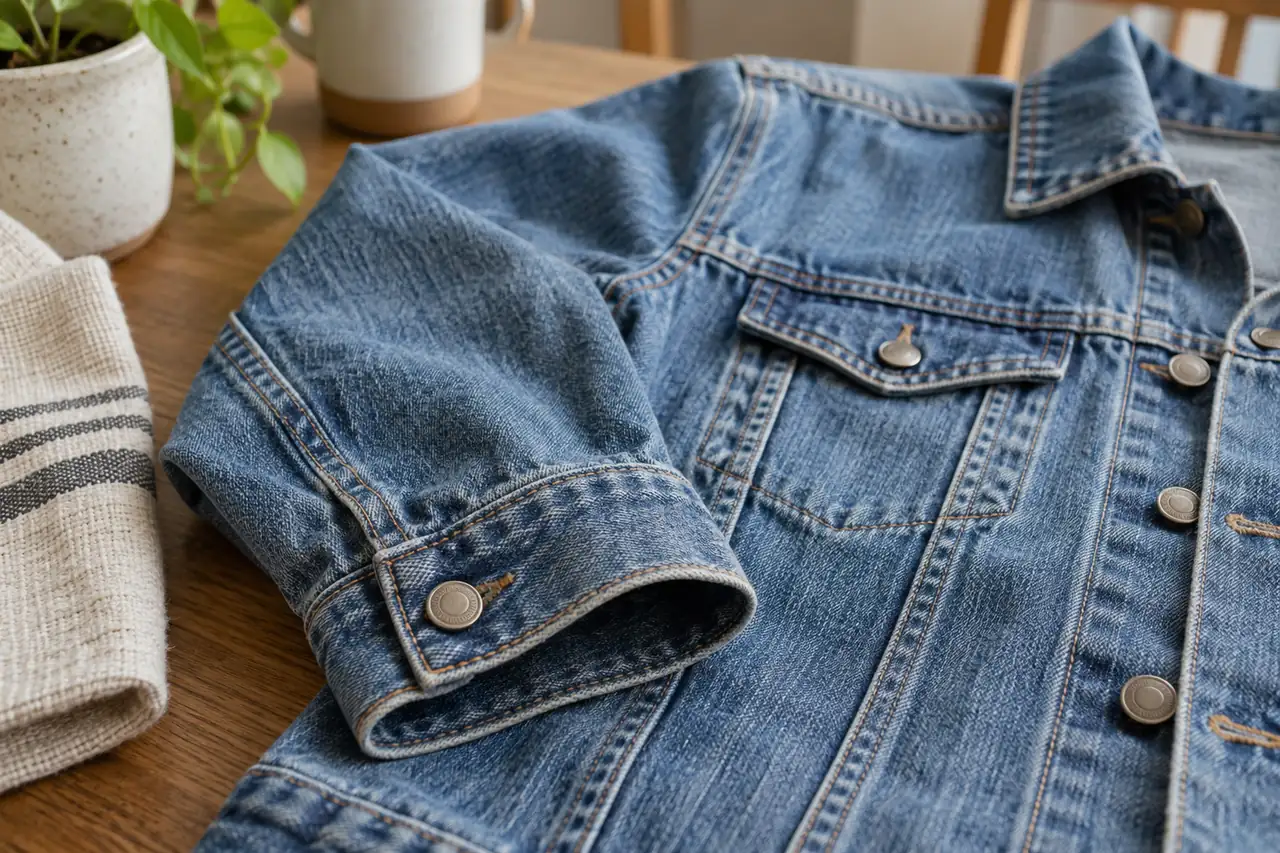 Detail manžety, švů a knoflíků džínové bundy položené na stole.