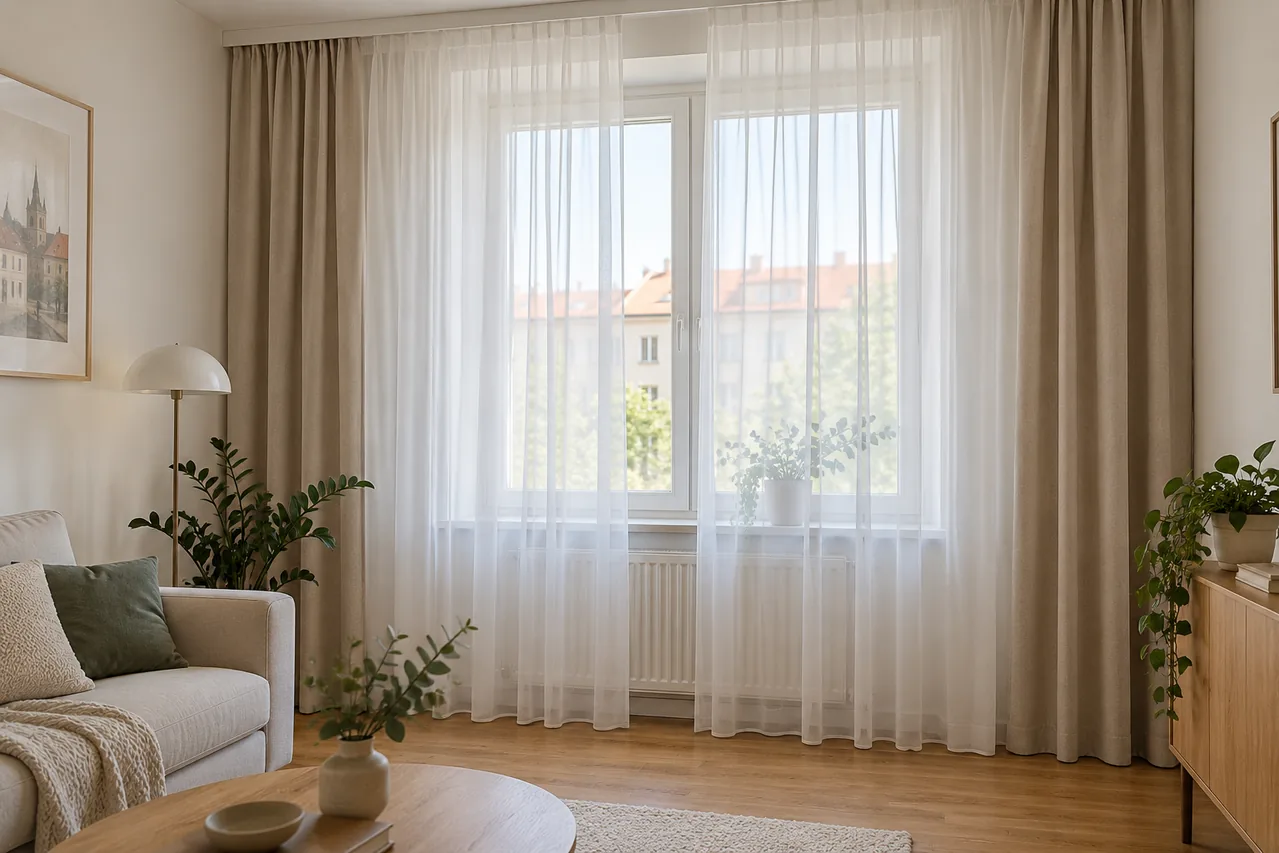 Bílé průsvitné záclony se záhyby před oknem a béžové závěsy odsunuté na krajích.