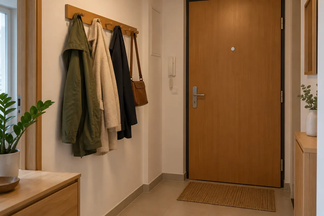 Předsíňový věšák s několika kabáty a volným prostorem u dveří.