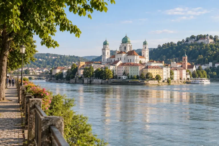 AI ilustrace: říční panorama s katedrálou inspirované Pasovem.