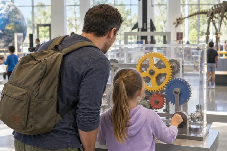 Dospělý s dítětem u mechanického exponátu v obecné vědecké expozici; ilustrační obrázek.