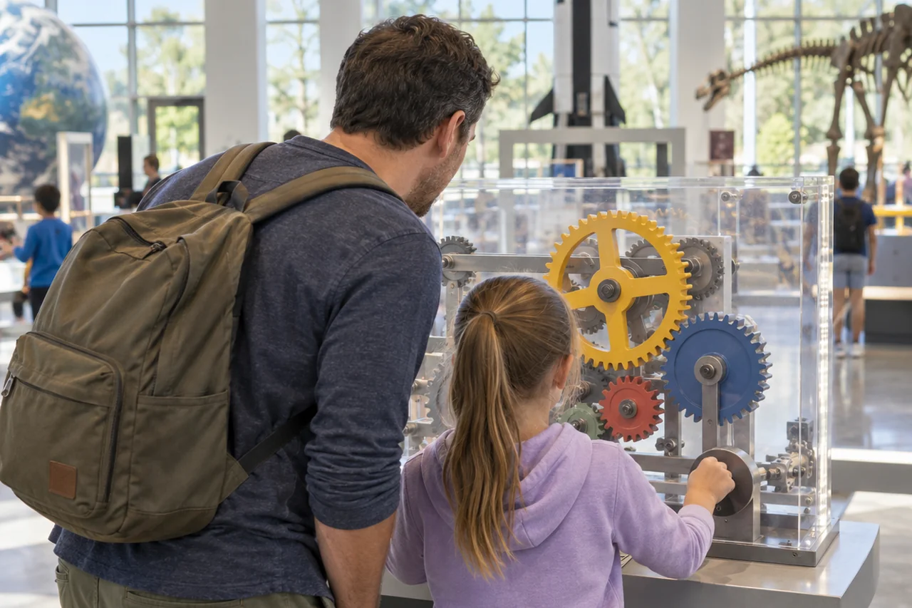 Dospělý s dítětem u mechanického exponátu v obecné vědecké expozici; ilustrační obrázek.