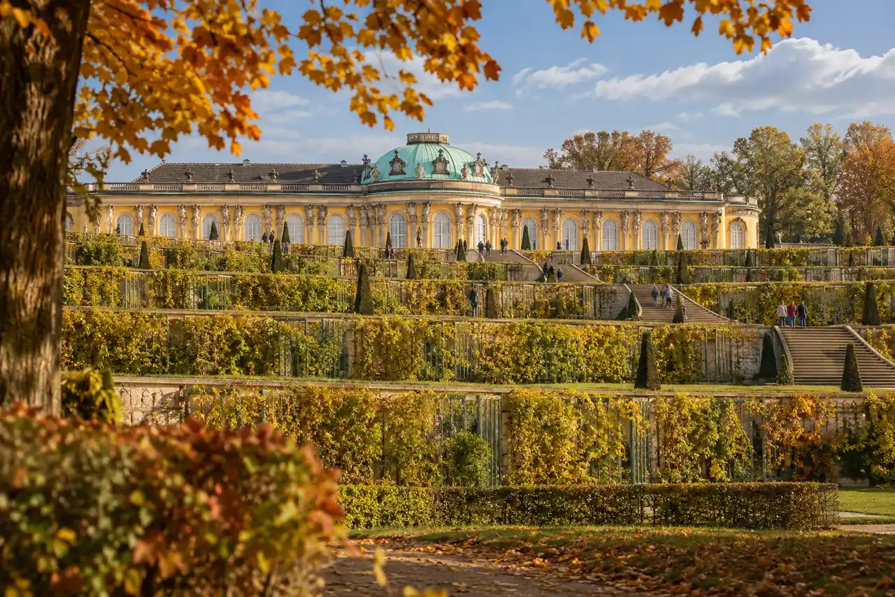 AI ilustrace: zámek nad zahradními terasami inspirovaný Sanssouci v Postupimi.