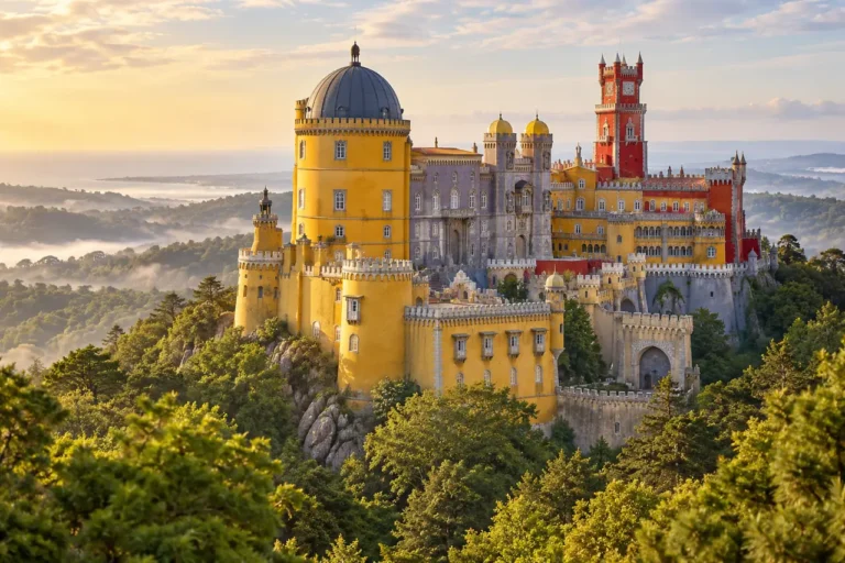 AI ilustrace: barevný palác na zalesněném kopci inspirovaný Penou v Sintře.
