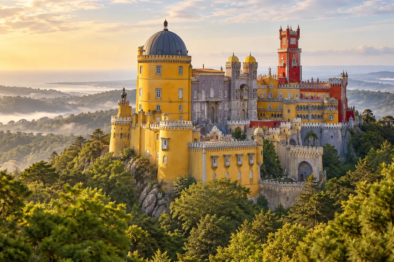 AI ilustrace: barevný palác na zalesněném kopci inspirovaný Penou v Sintře.