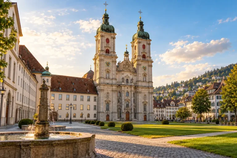 AI ilustrace: klášterní náměstí s barokní katedrálou inspirované městem St. Gallen.