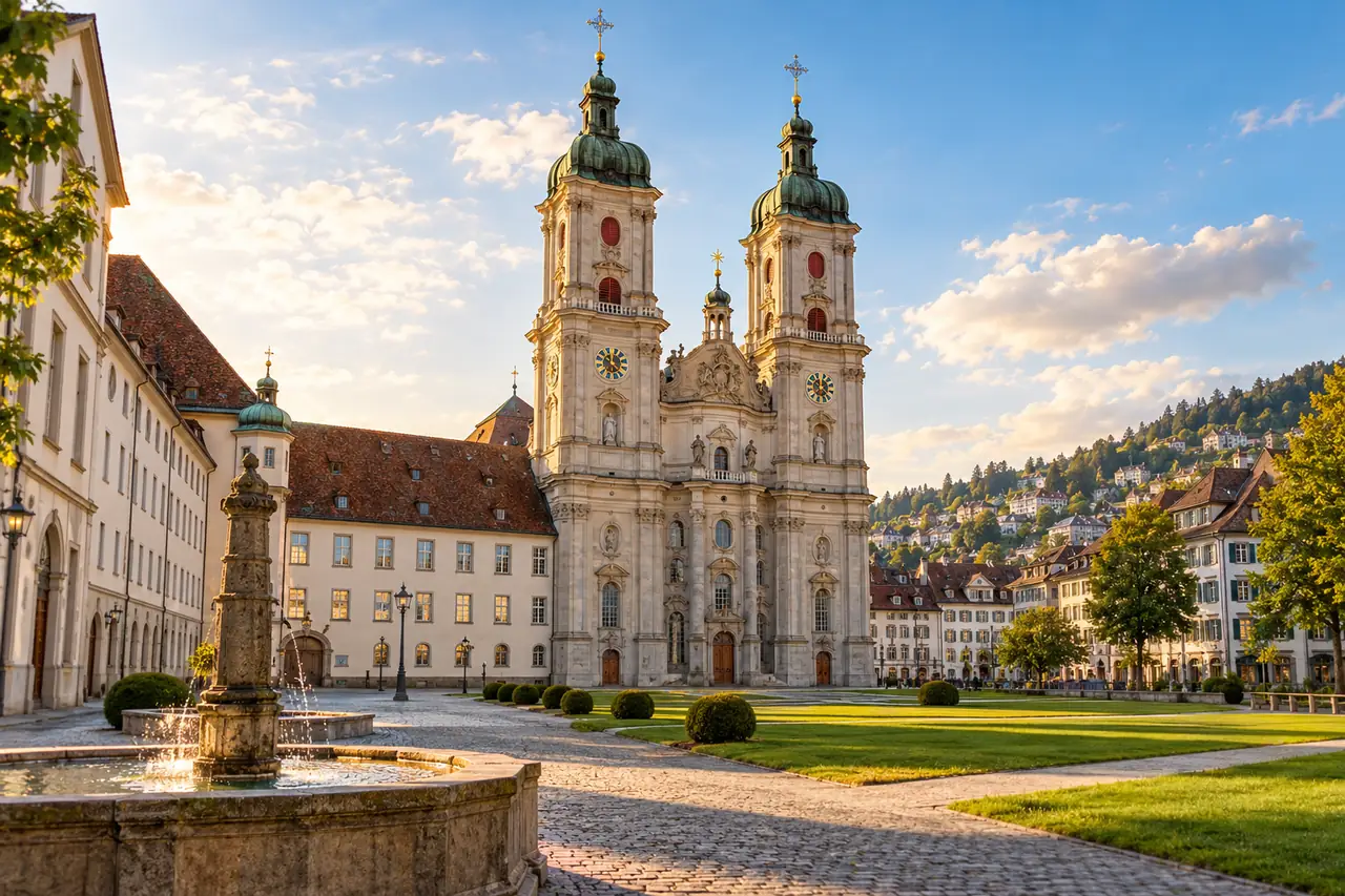 AI ilustrace: klášterní náměstí s barokní katedrálou inspirované městem St. Gallen.