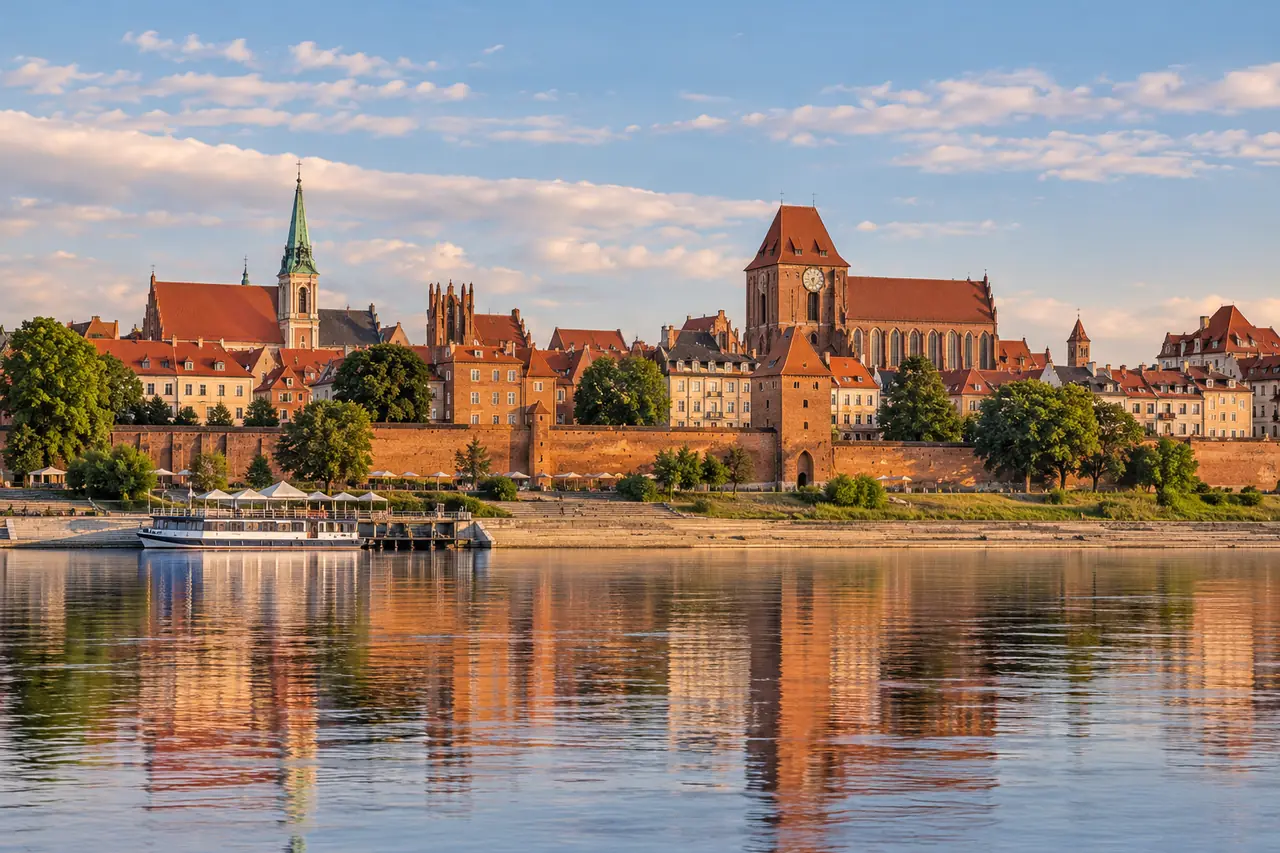 AI ilustrace: cihlové historické město s hradbami nad Vislou inspirované Toruní.