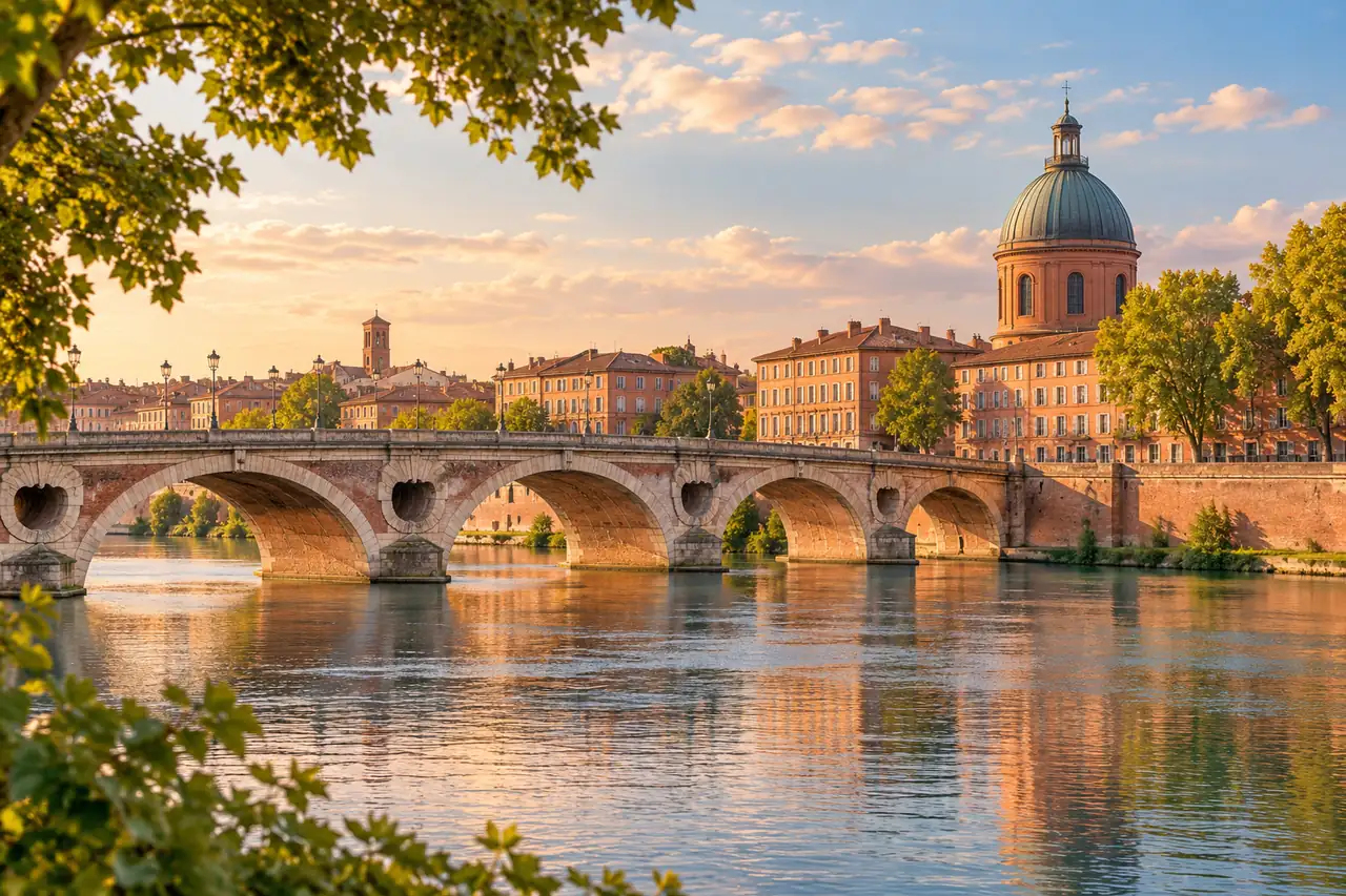 AI ilustrace: cihlový most a městské nábřeží nad řekou inspirované Toulouse.