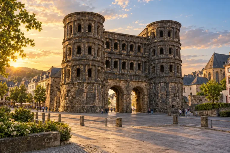 AI ilustrace: mohutná římská kamenná brána s oblými věžemi inspirovaná trevírskou Porta Nigra.